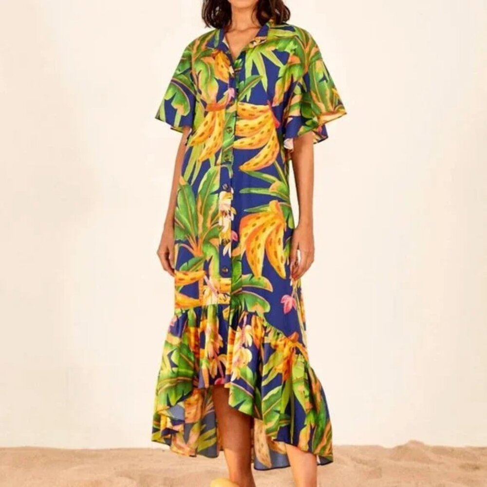 Anthropologie Farm Rio Banana Forest Flutter Sleeve Button Front Dress